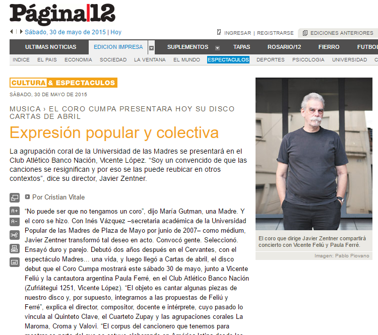Nota en Página|12 por la presentacion del CD del Coro CUMPA